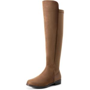 DREAM PAIRS Women’s Knee-High Boots Comfortable Flat Low Heel Round Toe Stretchy Suede Slouch Boots with Side Zipper(Brown-suede)