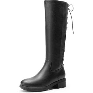 DREAM PAIRS Women’s Lace Up Back Knee High Fashion Boots Low Block Heel Riding Boots Round Toe Side Zipper Fall Boots(Black-pu)