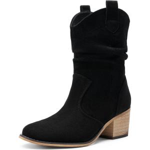 DREAM PAIRS Women’s Modern Western Cowboy Boots, Mid Calf Round toe Chunky Heel Cowgirl Country Ankle Boots with Pull On Tabs(Black-suede)