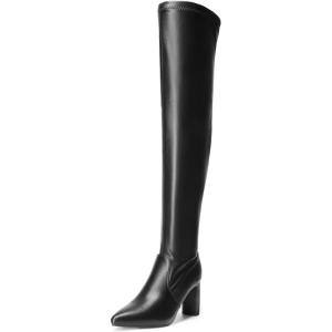 DREAM PAIRS Women’s Over The Knee Stretch Thigh High Boots Chunky High Heels Pointed Toe Long Fall Boots(Black-pu)