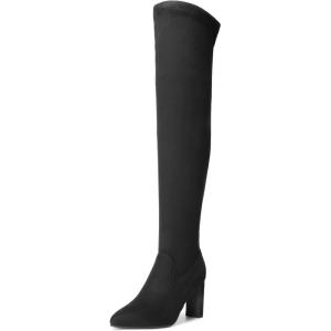 DREAM PAIRS Women’s Over The Knee Stretch Thigh High Boots Chunky High Heels Pointed Toe Long Fall Boots(Black-suede)
