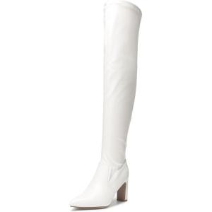 DREAM PAIRS Women’s Over The Knee Stretch Thigh High Boots Chunky High Heels Pointed Toe Long Fall Boots(White-pu)