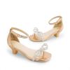 DREAM PAIRS Girls Sandals Ankle Strap Square Toe Low Heel Bow Flower Dress Shoes(Champagne-rhinestone)