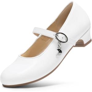 DREAM PAIRS Girls Mary Jane Low Heel Princess Flower Wedding Party Pump Dress Shoes(White-pat)