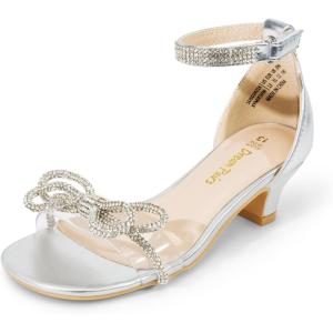 DREAM PAIRS Girls Sandals Ankle Strap Square Toe Low Heel Bow Flower Dress Shoes(Silver)