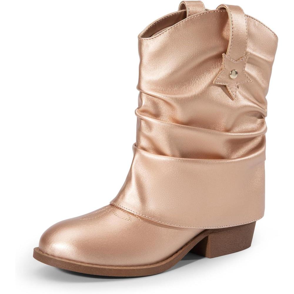 imageDREAM PAIRS Girls Cowboy Cowgirl Boots 2in1 Western Removable Cuff Fold Over Embroidered Fashion Mid Calf ShoesRose Gold