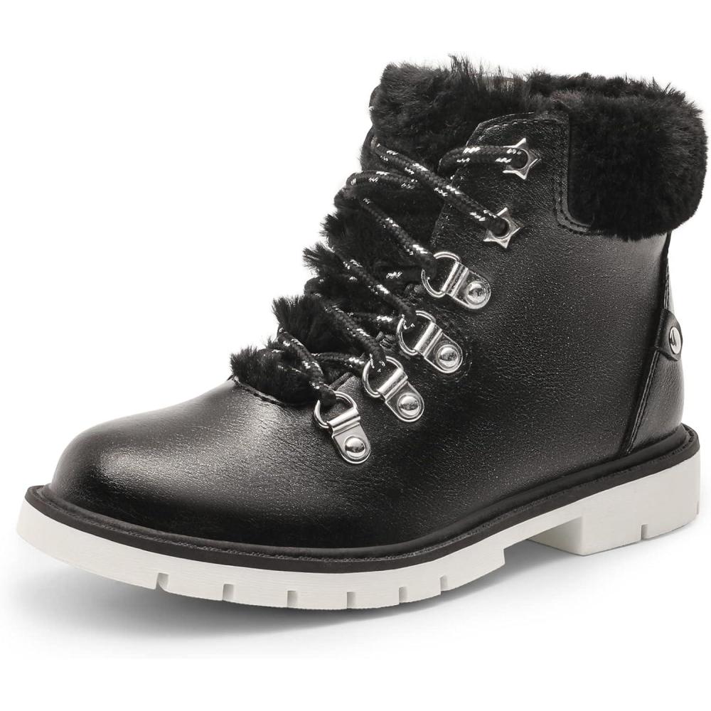 imageDREAM PAIRS Girls Kids Side Zipper Lace up Faux Fur Ankle BootsBlackPu
