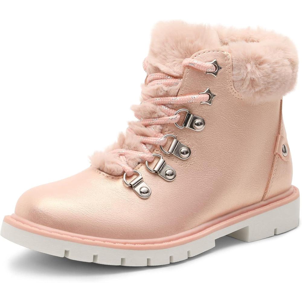imageDREAM PAIRS Girls Kids Side Zipper Lace up Faux Fur Ankle BootsPinkPu