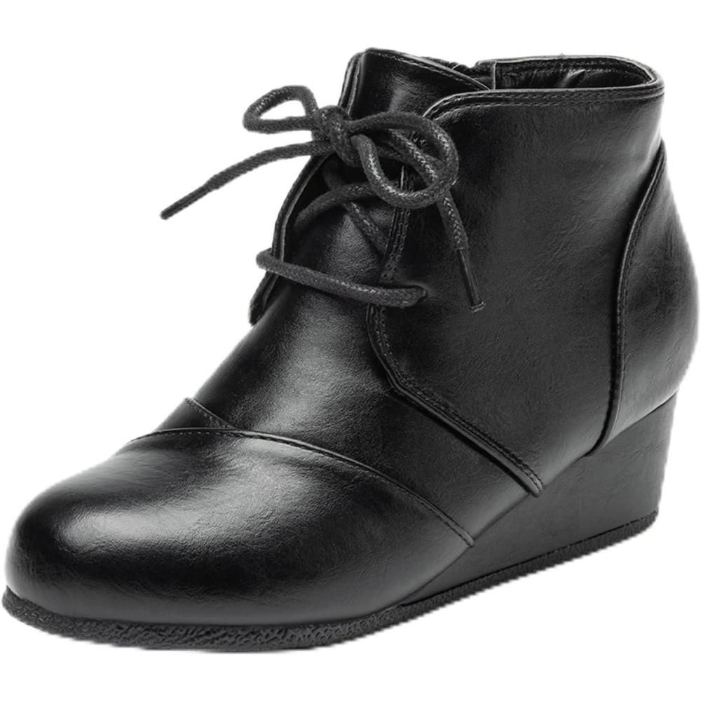 imageDREAM PAIRS Girls Low Wedge Heel Booties Side Zipper Ankle Boots ToddlerLittle KidBig KidBlackpu