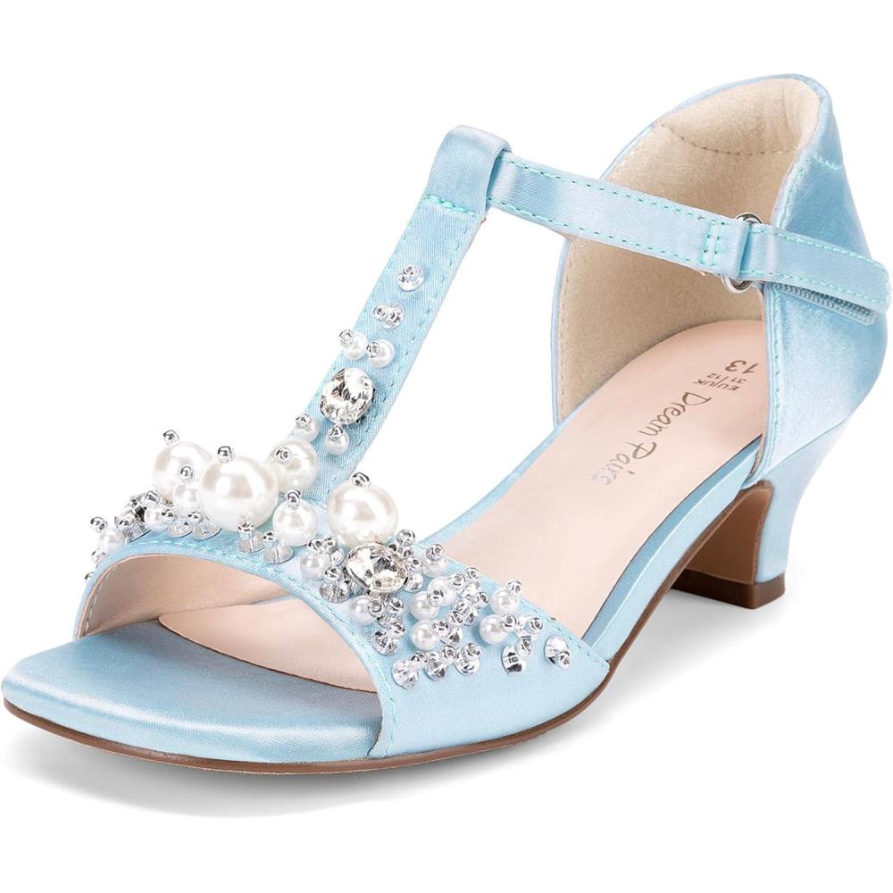 imageDREAM PAIRS Girls Sandals Ankle Strap TStrap Low Heel Pearl Bow Flower Pump Dress Wedding Party Shoes for Little KidBig KidLight Blue