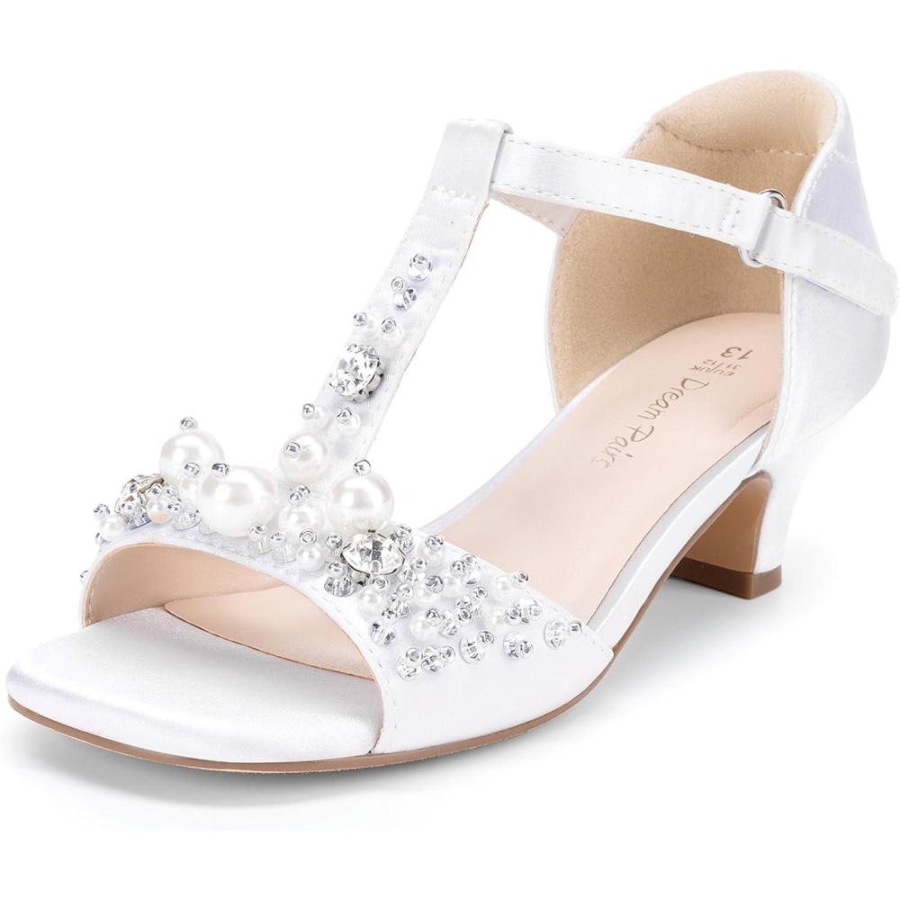 imageDREAM PAIRS Girls Sandals Ankle Strap TStrap Low Heel Pearl Bow Flower Pump Dress Wedding Party Shoes for Little KidBig KidWhite