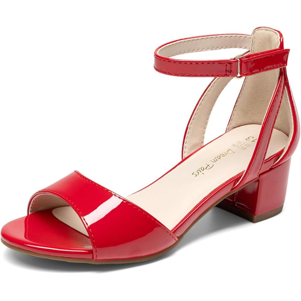 imageDREAM PAIRS Girls Sandals Chunky Pump Ankle Strap High Heels Dress Open Toe Flower Wedding Party for Little Big KidRed
