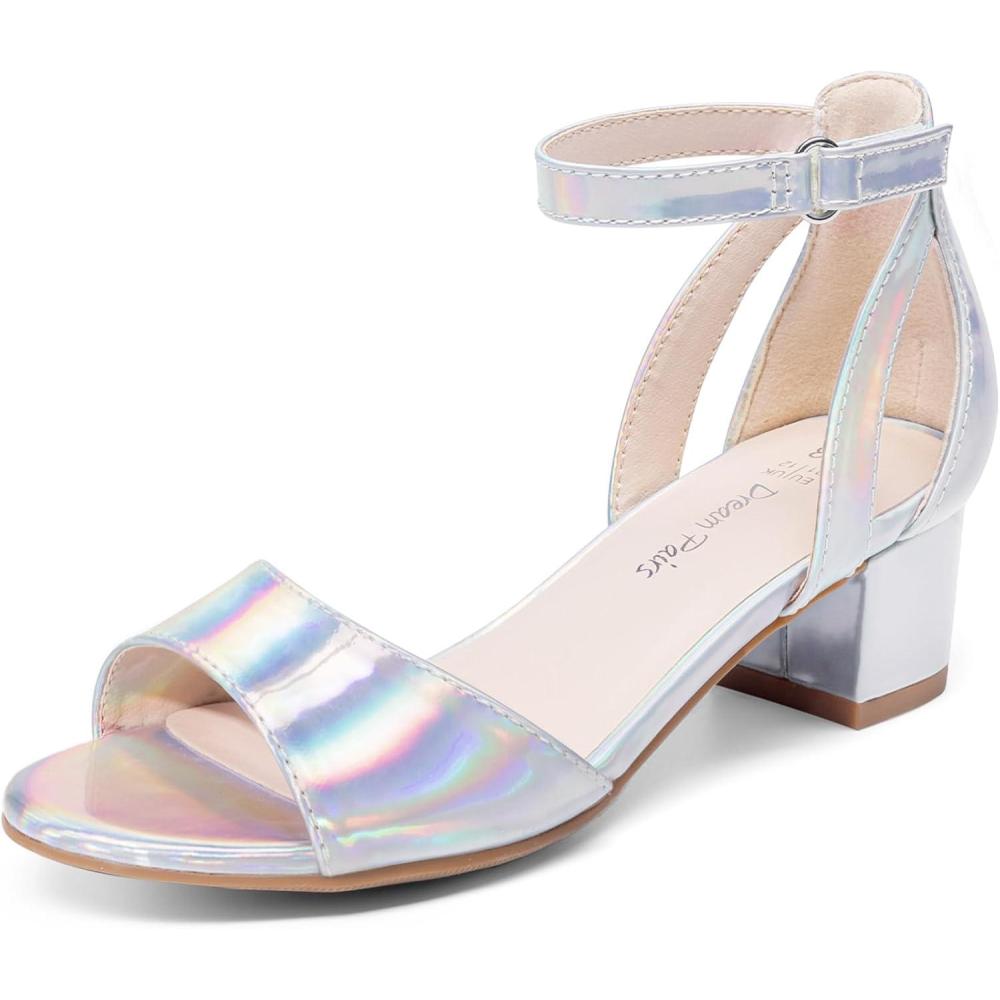 imageDREAM PAIRS Girls Sandals Chunky Pump Ankle Strap High Heels Dress Open Toe Flower Wedding Party for Little Big KidSilvermetallic