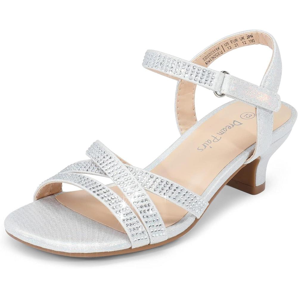 imageDREAM PAIRS Girls Sandals Low Heel Dress Open Toe Sandals Flower Wedding Party for Little KidBig KidSilver