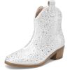 DREAM PAIRS Girls Cowgirl Cowboy Rhinestone Boots Ankle Low Heel Dress Booties(White)