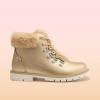 DREAM PAIRS Girls Kids Side Zipper Lace up Faux Fur Ankle Boots(Gold/Pu)