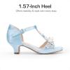 DREAM PAIRS Girls Sandals Ankle Strap T-Strap Low Heel Pearl Bow Flower Pump Dress Wedding Party Shoes for Little Kid/Big Kid(Light Blue)
