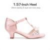 DREAM PAIRS Girls Sandals Ankle Strap T-Strap Low Heel Pearl Bow Flower Pump Dress Wedding Party Shoes for Little Kid/Big Kid(Pink)