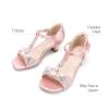 DREAM PAIRS Girls Sandals Ankle Strap T-Strap Low Heel Pearl Bow Flower Pump Dress Wedding Party Shoes for Little Kid/Big Kid(Pink)