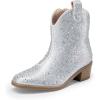 DREAM PAIRS Girls Cowgirl Cowboy Rhinestone Boots Ankle Low Heel Dress Booties(Silver)