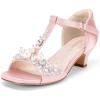 DREAM PAIRS Girls Sandals Ankle Strap T-Strap Low Heel Pearl Bow Flower Pump Dress Wedding Party Shoes for Little Kid/Big Kid(Pink)