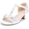 DREAM PAIRS Girls Sandals Ankle Strap T-Strap Low Heel Pearl Bow Flower Pump Dress Wedding Party Shoes for Little Kid/Big Kid(White)