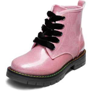 DREAM PAIRS Girls Boys Glitter Ankle Boots Side Zipper Combat Shoes with Lace Up for Toddler/Little Kid/Big Kid(Pink/Pu)
