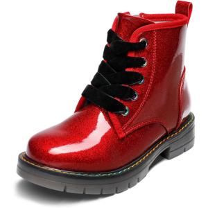 DREAM PAIRS Girls Boys Glitter Ankle Boots Side Zipper Combat Shoes with Lace Up for Toddler/Little Kid/Big Kid(Red/Pu)