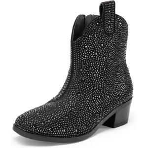 DREAM PAIRS Girls Cowgirl Cowboy Rhinestone Boots Ankle Low Heel Dress Booties(Black)