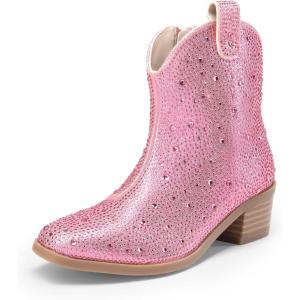 DREAM PAIRS Girls Cowgirl Cowboy Rhinestone Boots Ankle Low Heel Dress Booties(Pink)