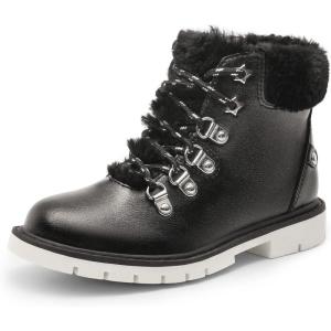 DREAM PAIRS Girls Kids Side Zipper Lace up Faux Fur Ankle Boots(Black/Pu)