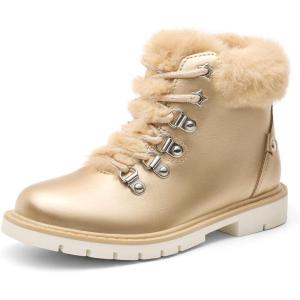 DREAM PAIRS Girls Kids Side Zipper Lace up Faux Fur Ankle Boots(Gold/Pu)