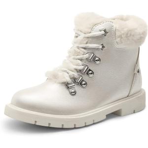 DREAM PAIRS Girls Kids Side Zipper Lace up Faux Fur Ankle Boots(White/Pu)
