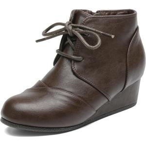 DREAM PAIRS Girls Low Wedge Heel Booties Side Zipper Ankle Boots Toddler/Little Kid/Big Kid(Brown-pu)