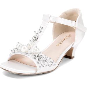 DREAM PAIRS Girls Sandals Ankle Strap T-Strap Low Heel Pearl Bow Flower Pump Dress Wedding Party Shoes for Little Kid/Big Kid(Ivory)