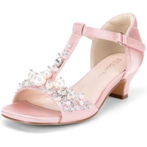DREAM PAIRS Girls Sandals Ankle Strap T-Strap Low Heel Pearl Bow Flower Pump Dress Wedding Party Shoes for Little Kid/Big Kid(Pink)