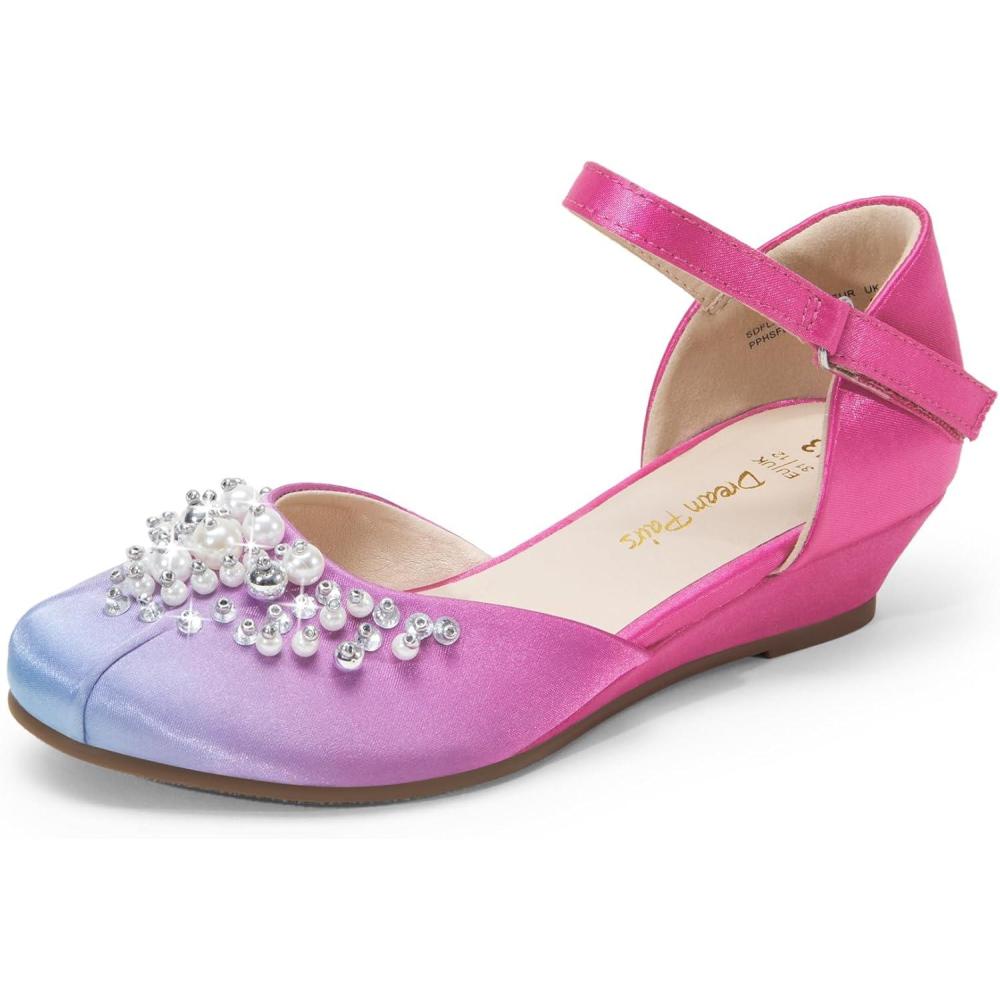 imageDREAM PAIRS Girls Dress Shoes Toddler Little Big Girls Heels Low Wedge Pumps with Pearls Rhinestone for Flower Girl Princess Wedding PartyBlueHot Pink