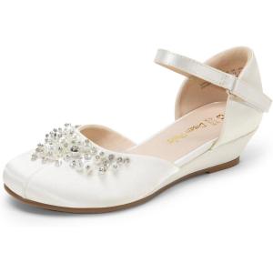 DREAM PAIRS Girls Dress Shoes Toddler Little Big Girls Heels Low Wedge Pumps with Pearls Rhinestone for Flower Girl Princess Wedding Party(Ivory)