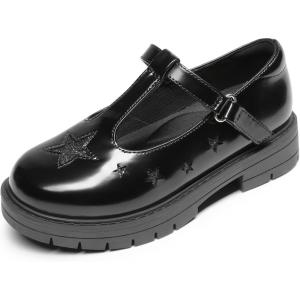 DREAM PAIRS Girls Mary Jane Dress Shoes Chunky Platform School Uniform Shoes T-Strap Oxfords Loafers Star Flats(Black-pu)