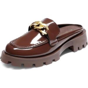 DREAM PAIRS Mules for Women Slip On Shoes Platform Thick Comfortable Women’s Chunky Flat Slides Slippers Loafers(Brown-pat)