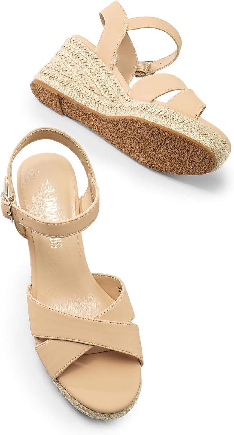 imageDREAM PAIRS Espadrille Dressy Wedge Sandals Womens Platform Sandals Casual Summer Comfortable High Heeled Wedges with Adjustable BuckleNudenubuck
