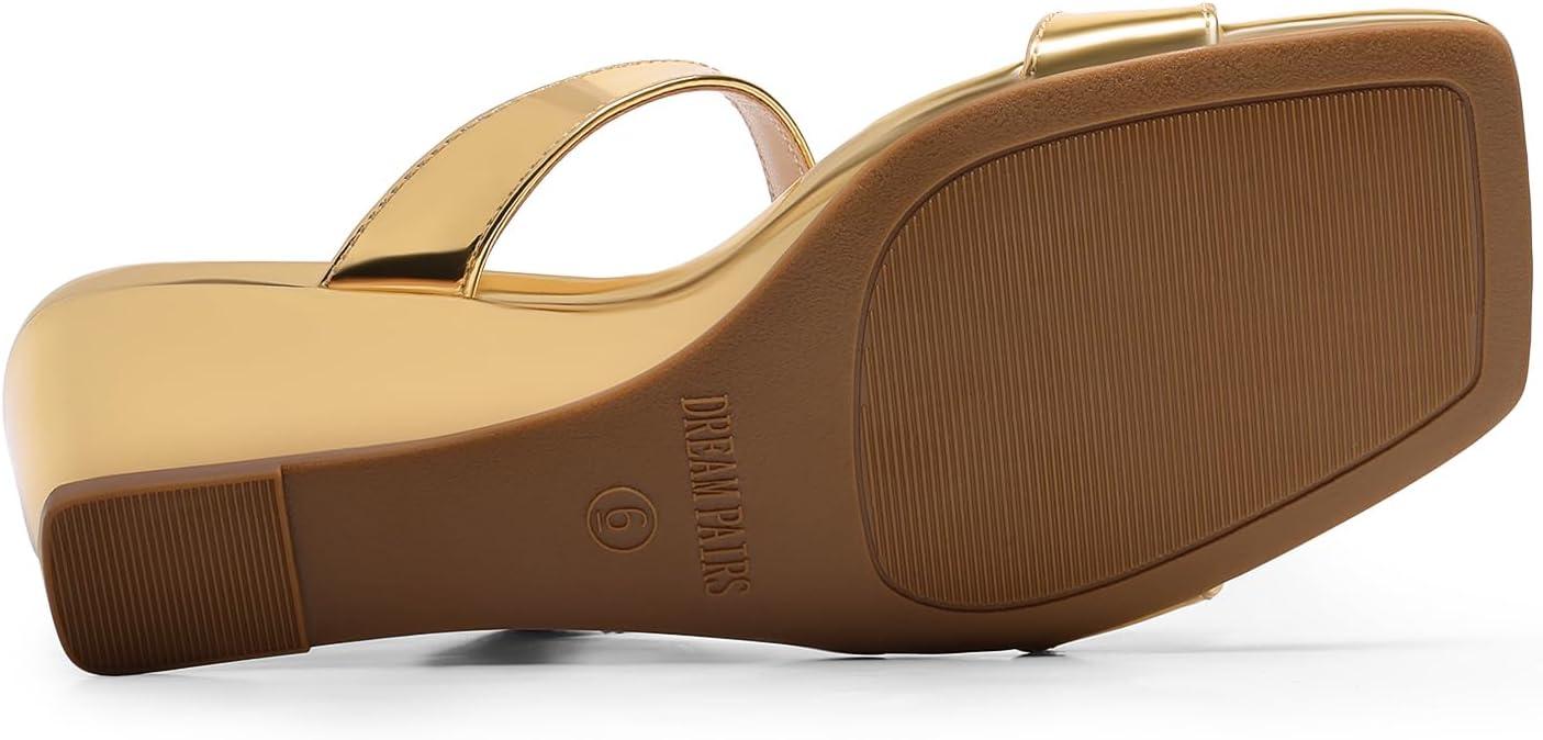 imageDREAM PAIRS Women Slides Wedge Sandals Square Open Toe Dress Casual Strappy ShoesGoldpat