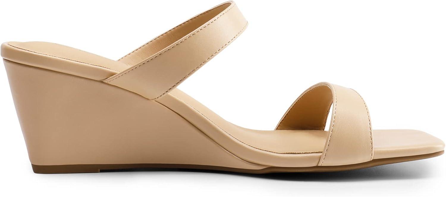 imageDREAM PAIRS Women Slides Wedge Sandals Square Open Toe Dress Casual Strappy ShoesNude