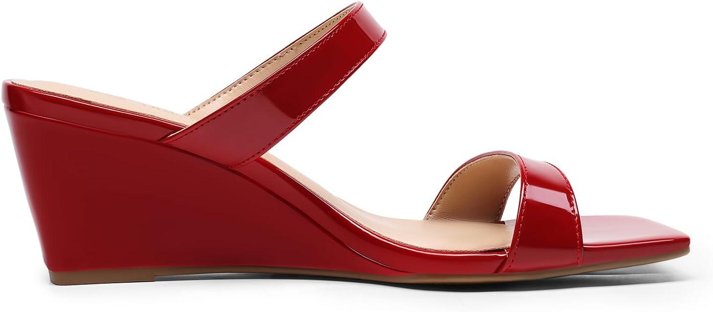 imageDREAM PAIRS Women Slides Wedge Sandals Square Open Toe Dress Casual Strappy ShoesRedpat
