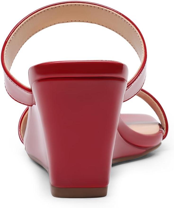 imageDREAM PAIRS Women Slides Wedge Sandals Square Open Toe Dress Casual Strappy ShoesRedpat