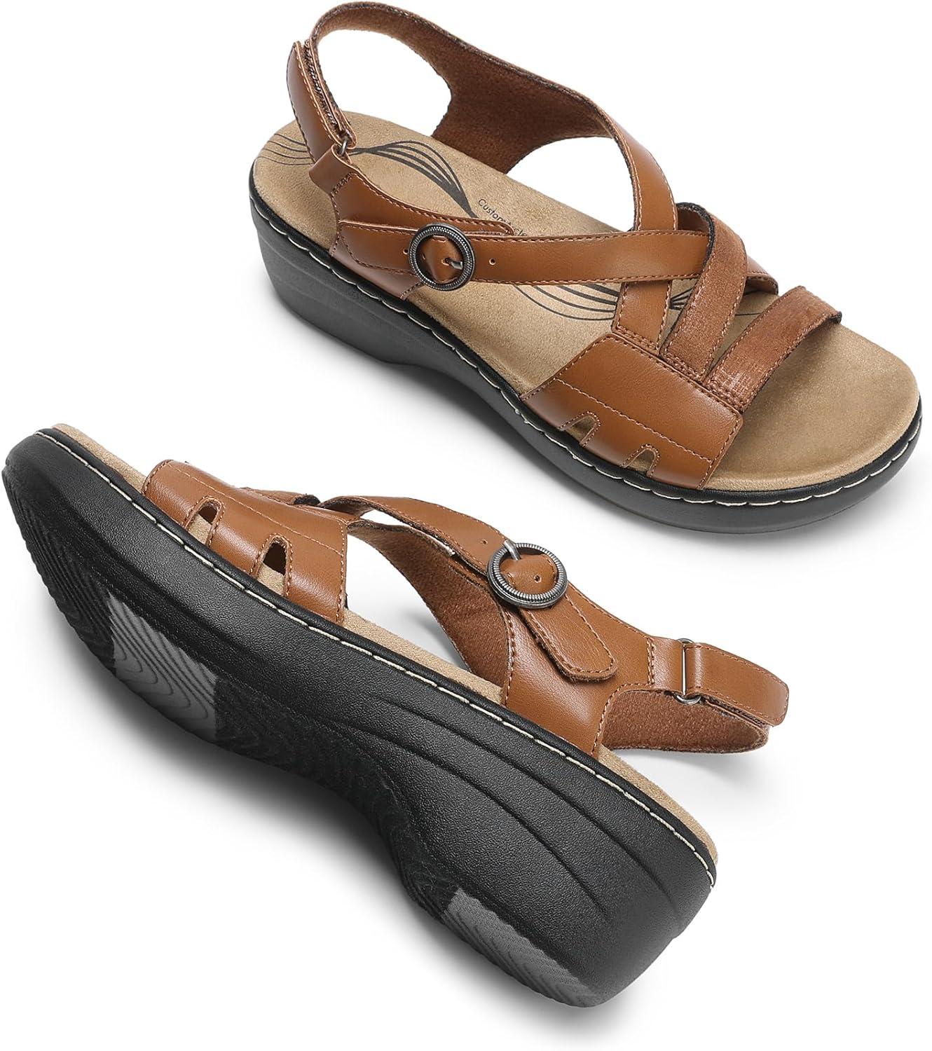 imageDREAM PAIRS Womens Comfortable Arch Support Wedge Sandals Open Toe Summer Walking ShoeBrown