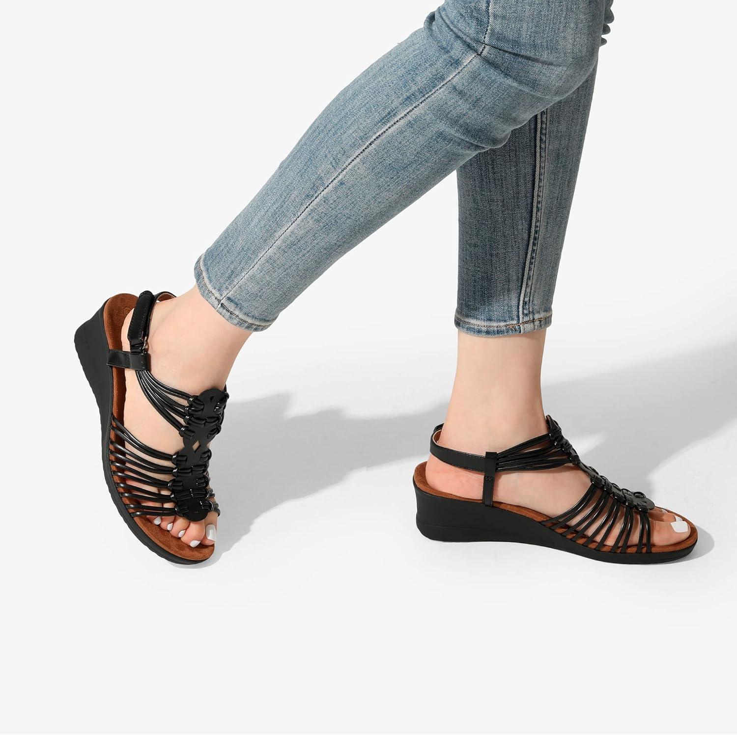 imageDREAM PAIRS Womens Comfortable Strappy Low Heel Open Toe SlipOn Wedge Sandals Arch Support for Summer Dressy ShoesBlack