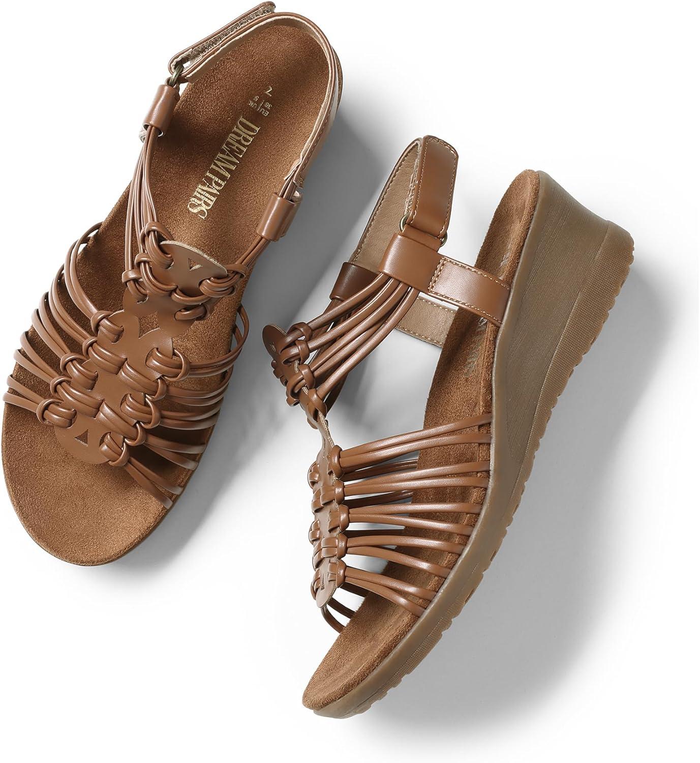 imageDREAM PAIRS Womens Comfortable Strappy Low Heel Open Toe SlipOn Wedge Sandals Arch Support for Summer Dressy ShoesBrown