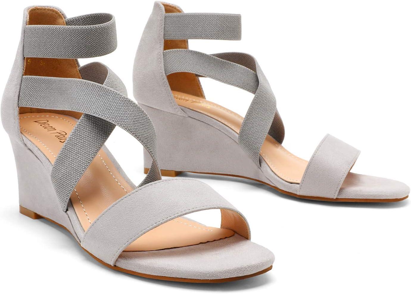 imageDREAM PAIRS Womens Elastic Ankle Strap Low Wedge SandalsGrey