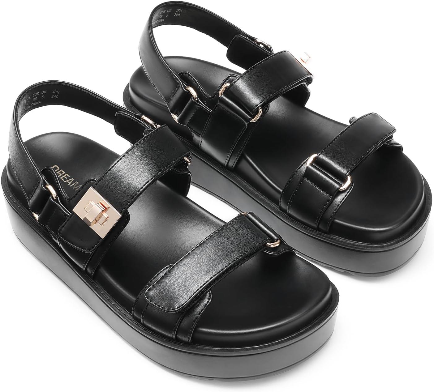 imageDREAM PAIRS Womens Low Wedge Sandals Comfortable Arch Support Platform Open toe Casual Dressy Flat Summer Sandals with Adjustable StrapsBlackpu